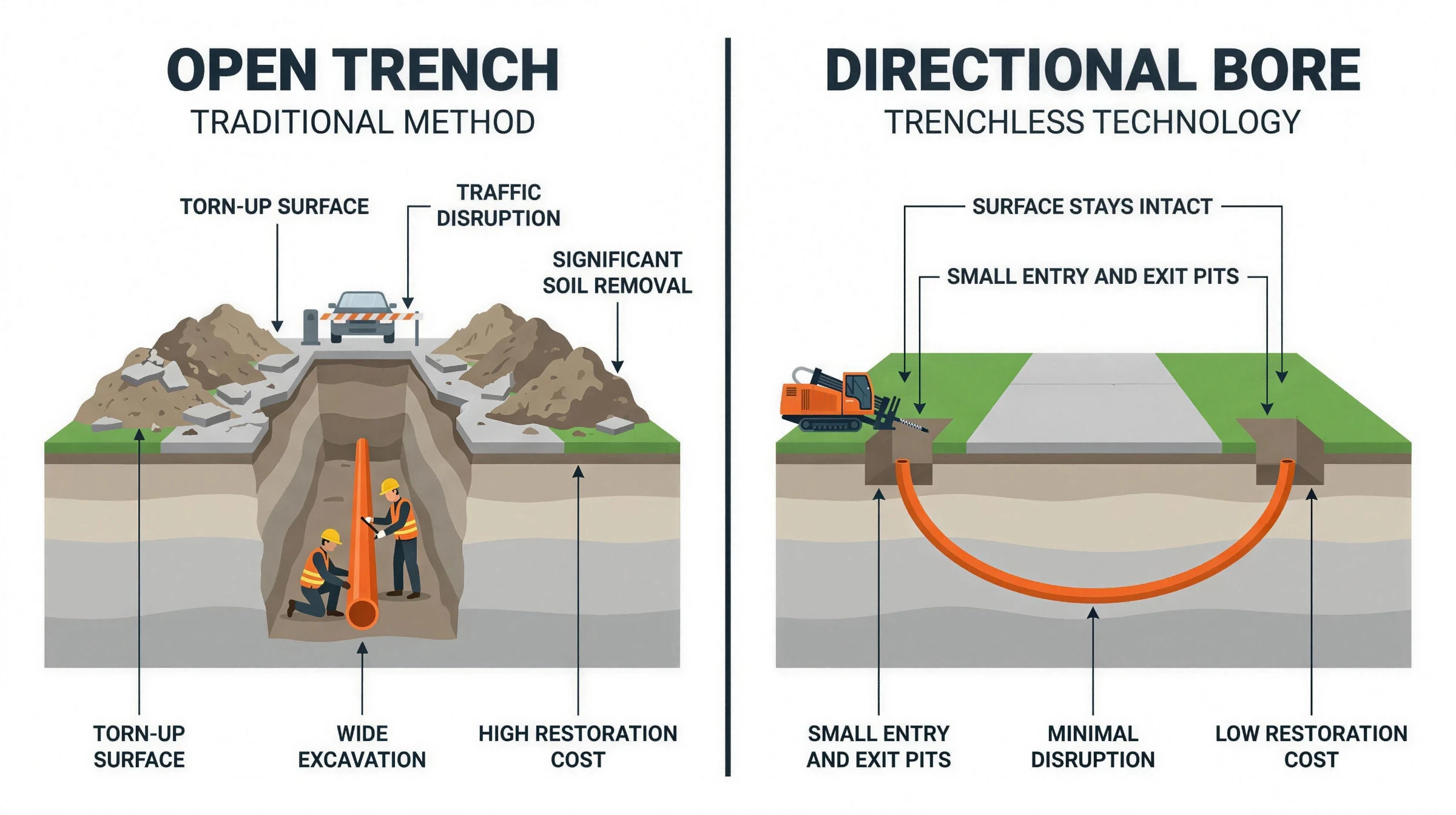 Cross-section comparing an open trench (wide excavation, torn-up surface, high restoration) with a directional bore: a curved bore path tunneling under an intact driveway and lawn, only small entry and exit pits