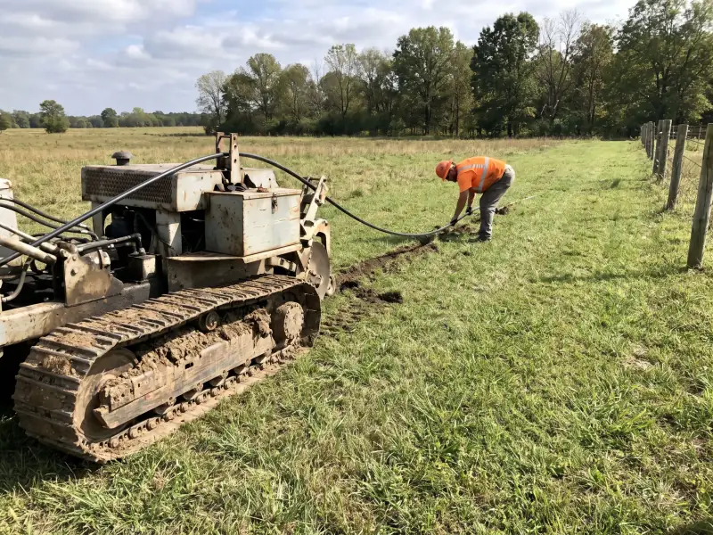 Crawler plow pulling conduit across open ground